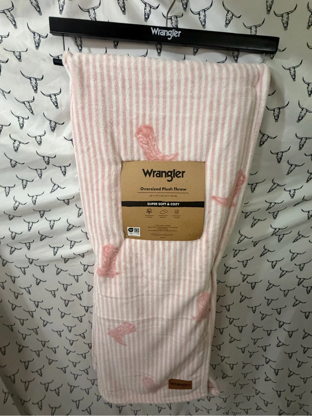 Wrangler Pink and White Striped Plush Throw with Embroidered Accents